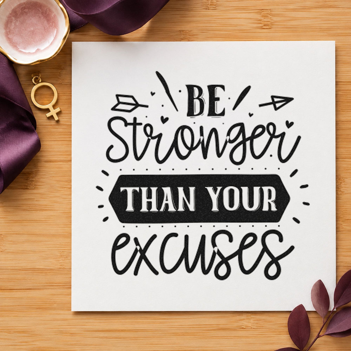 Stronger Than Your Excuses Arrows craft stamp in black ink on cardstock, an easy option for trail album page.