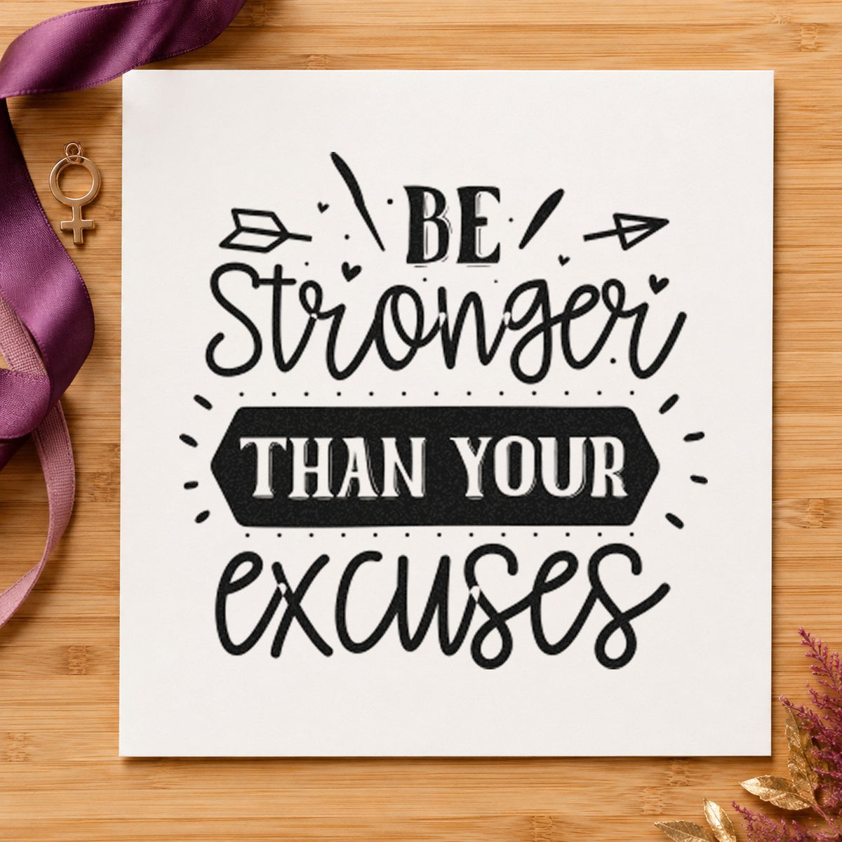 Stronger Than Your Excuses Arrows craft stamp imprint in black ink on a handmade project, one idea being vest kit gift tags.