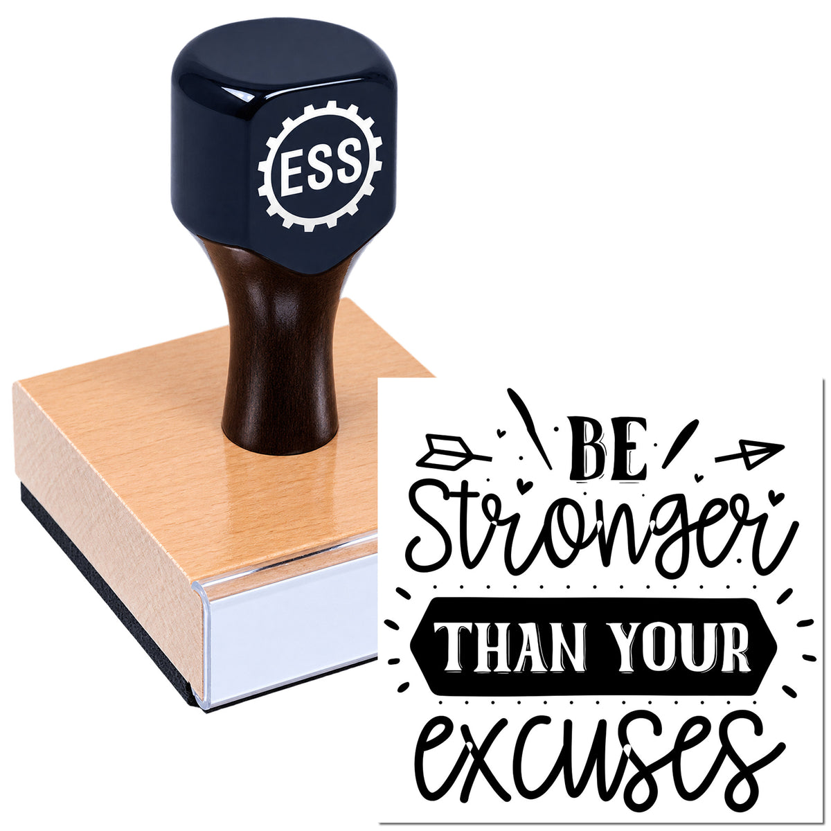 Dark blue custom rubber stamp on wooden block with motivational seal reading "Be Stronger Than Your Excuses."
