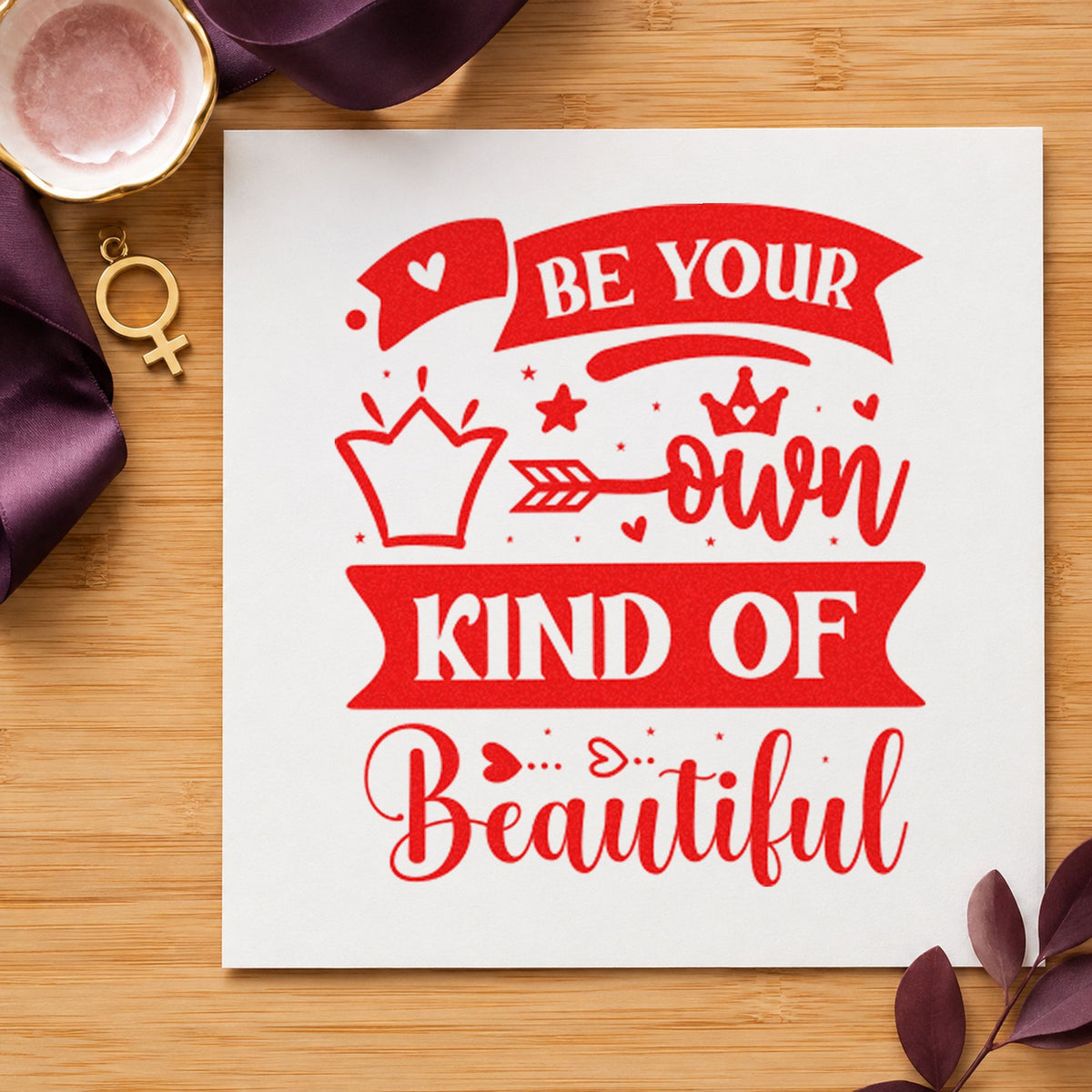 Your Own Kind Of Beautiful craft stamp imprint in red ink on a handmade project, one idea being care note cards.