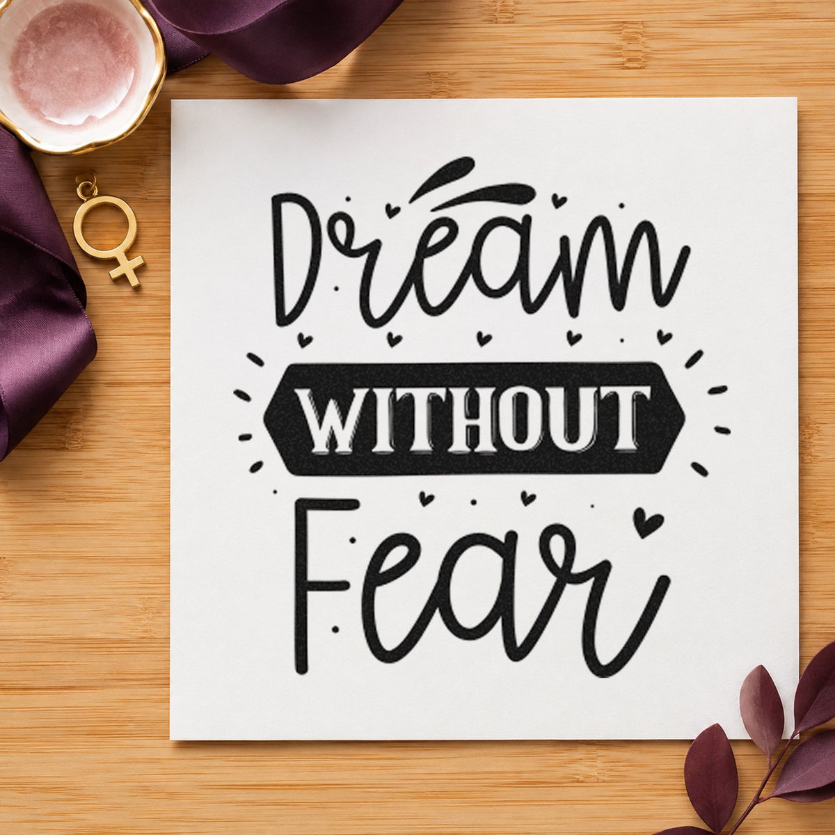 Dream Without Fear Heart Banner craft stamp imprint in black ink on a handmade project, one idea being grip kit gift tags.