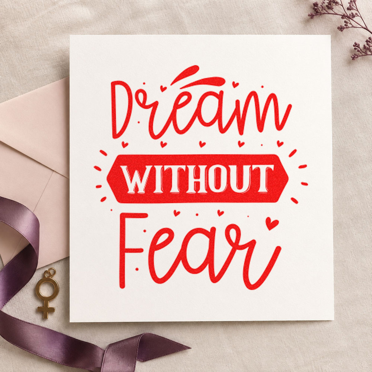 Dream Without Fear Heart Banner rubber stamp shown in red ink, stamped for projects such as bin apparatus labels.