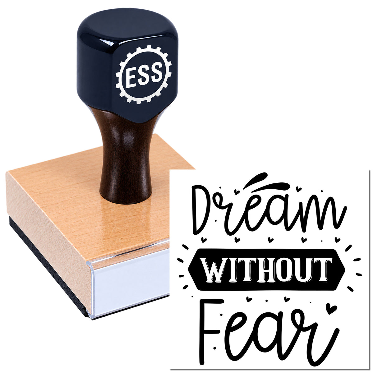 Black ESS rubber stamp and seal on a pink block with "Dream Without Fear" design