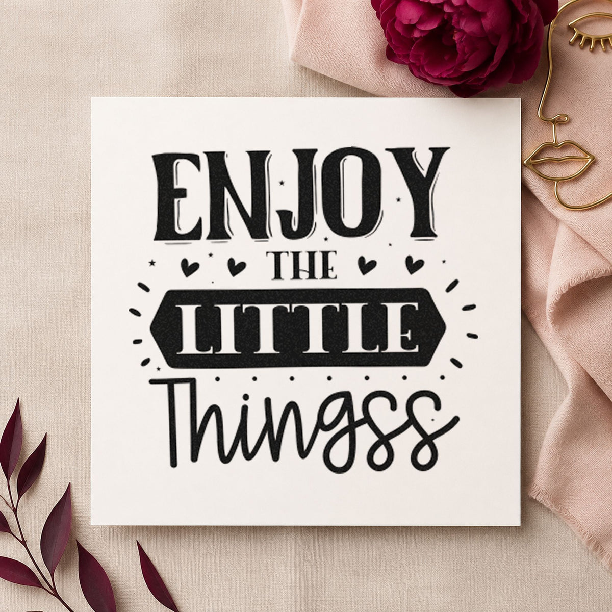 Enjoy The Little Things Hearts craft stamp imprint in black ink on a handmade project, one idea being cookie tin gift tags.