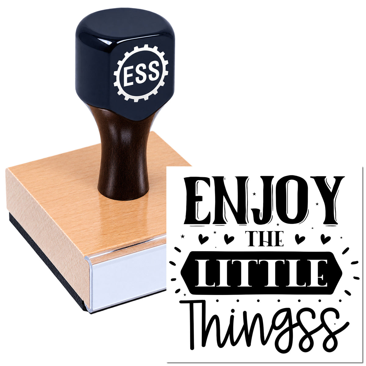 Black ESS gear-logo stamp pressed on pink wax seal with white background and bold "Enjoy the Little Things" design.