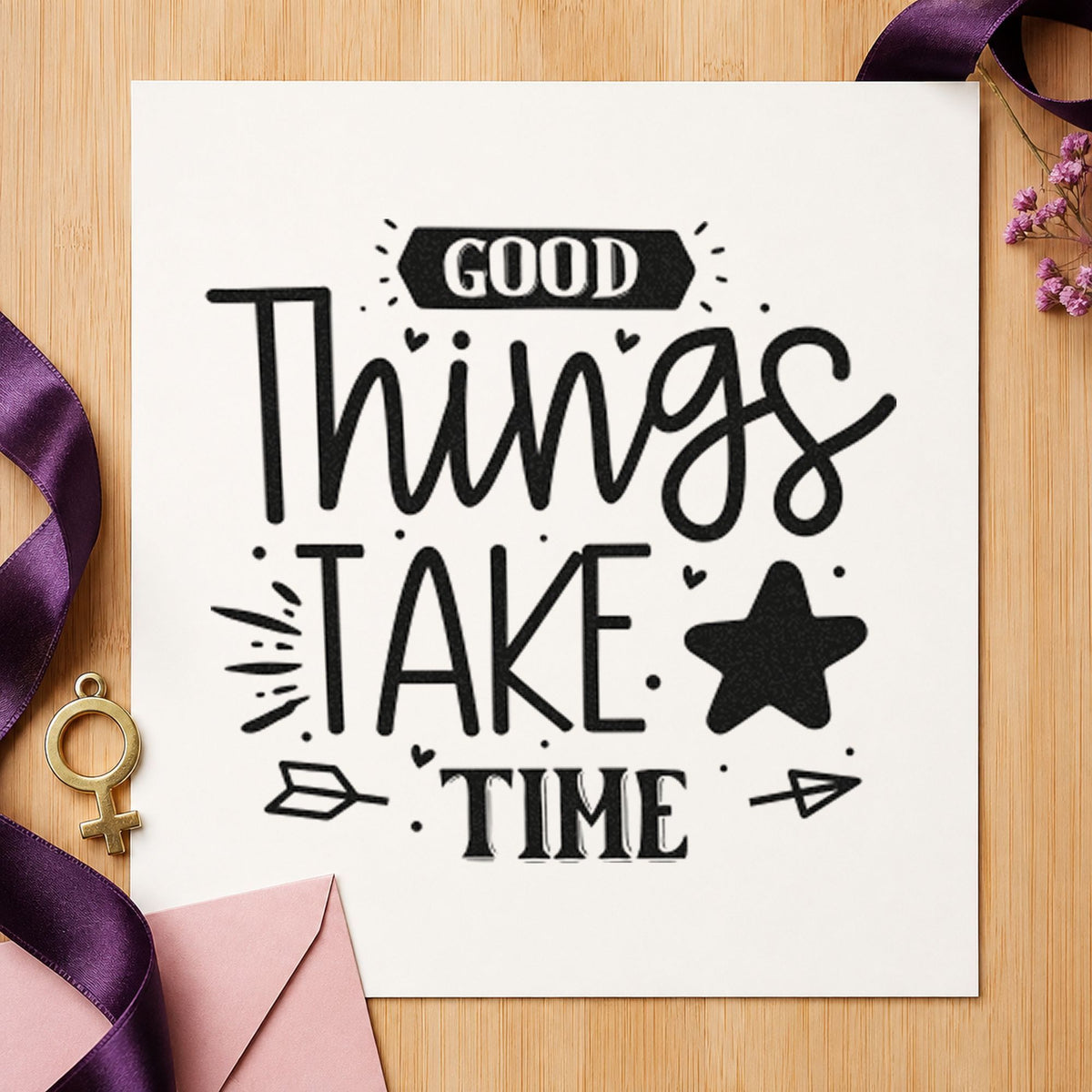 Good Things Take Time Star craft stamp in black ink on cardstock, an easy option for vintage album page.