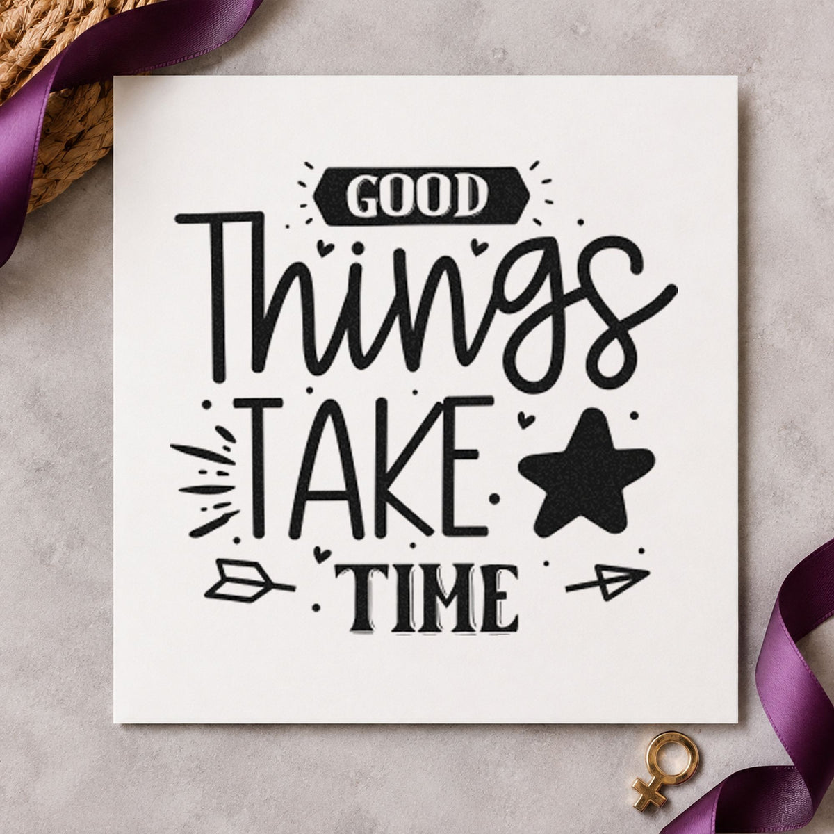 Good Things Take Time Star craft stamp imprint in black ink on a handmade project, one idea being bottle gift tags.