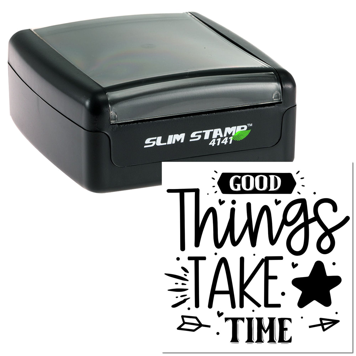 Black self-inking slim stamp with gray lid and a Good Things Take Time seal design in black and white.