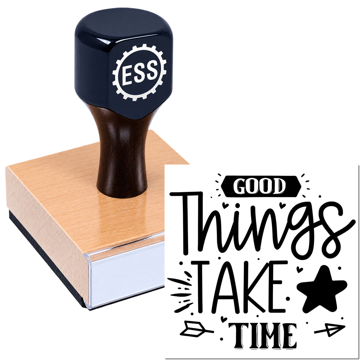 Dark navy custom rubber stamp and seal on peach block, with black "Good Things Take Time" imprint and star accents.