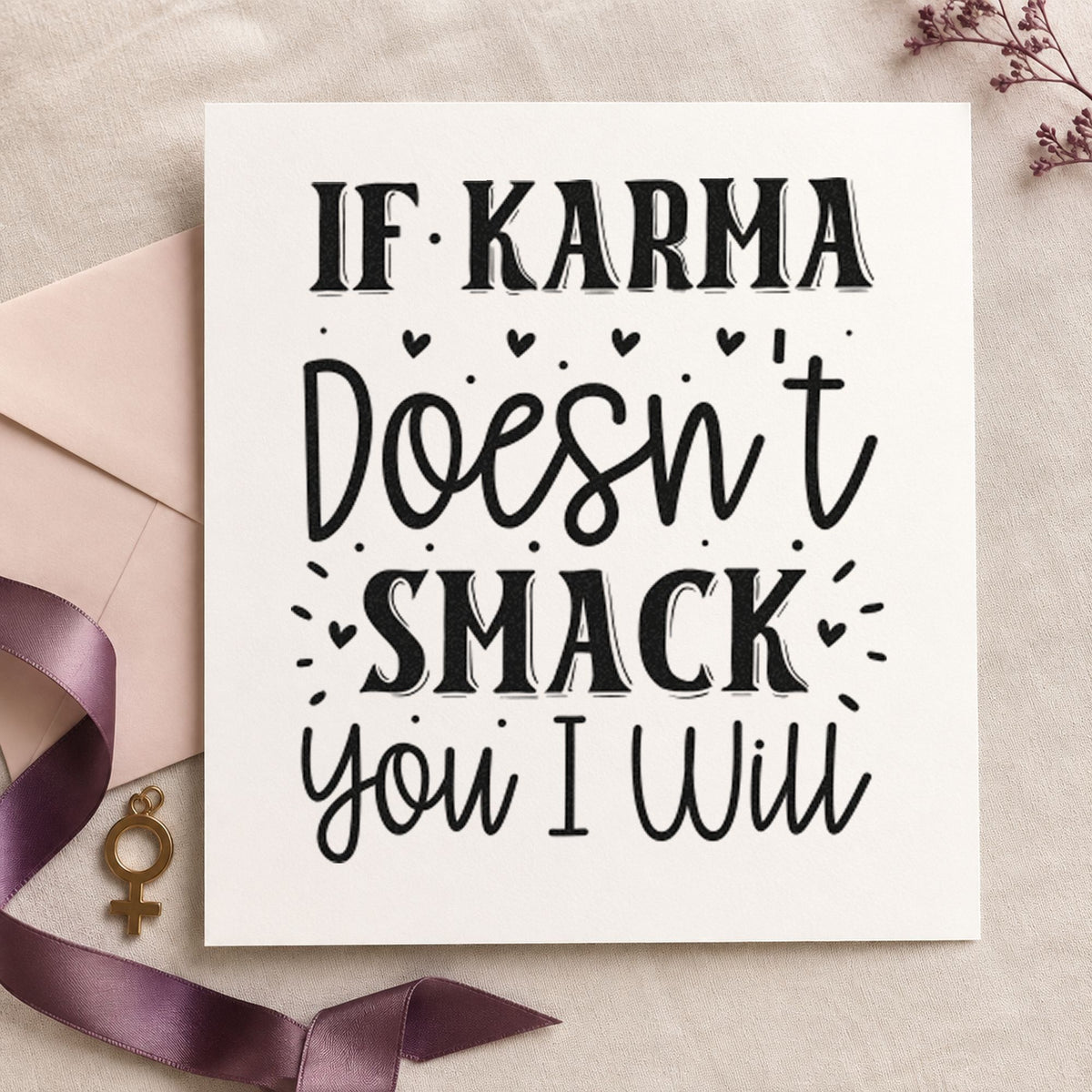 If Karma Doesn't Smack You craft stamp imprint in black ink on a handmade project, one idea being borrowed item tags.