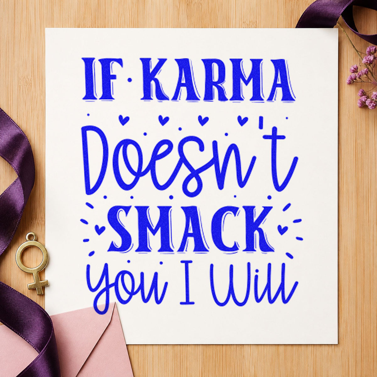 If Karma Doesn't Smack You craft stamp in blue ink on cardstock, an easy option for dish towel printing.