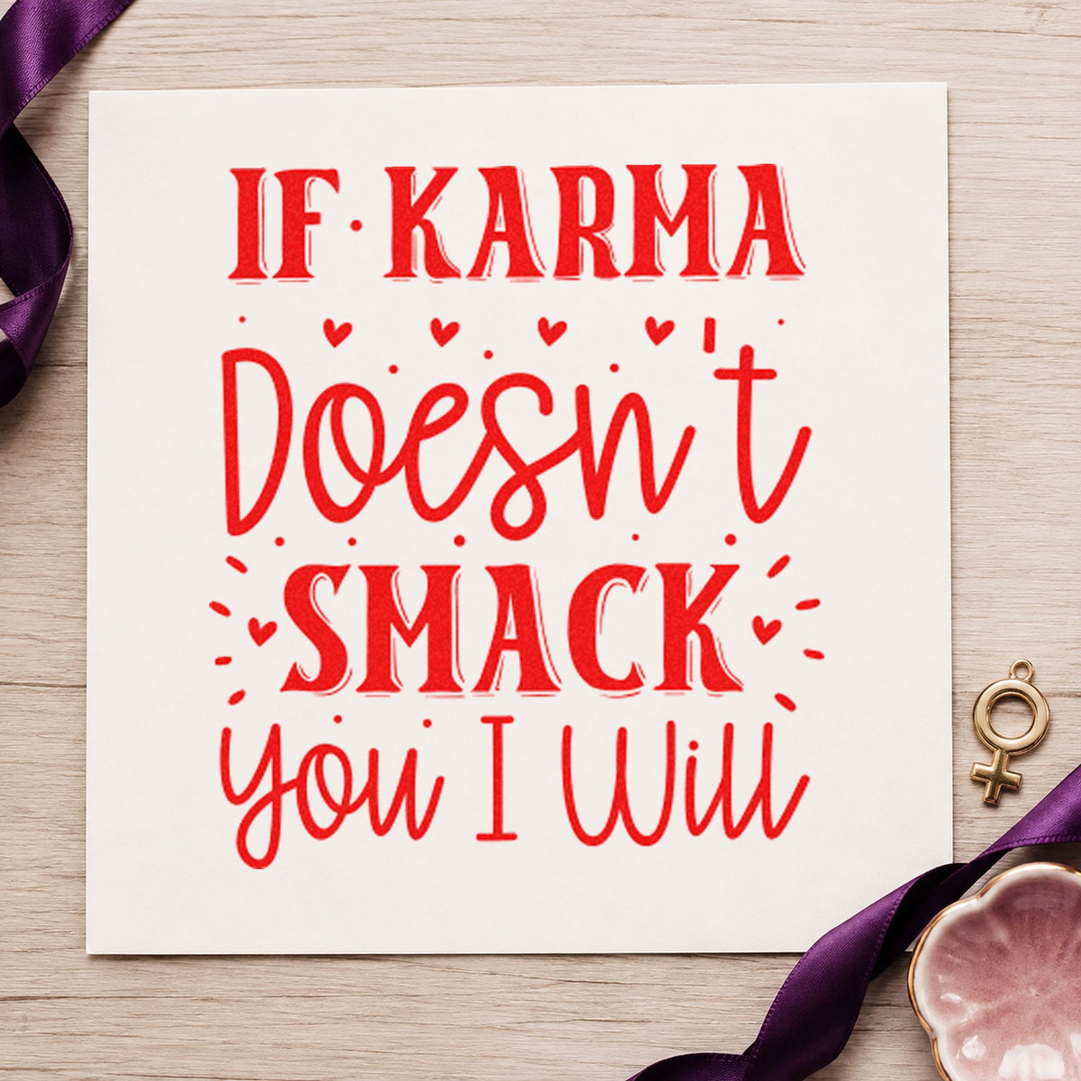 If Karma Doesn't Smack You craft stamp imprint in red ink on a handmade project, one idea being house rule cards.