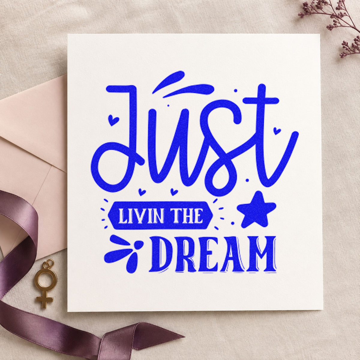 Just Livin The Dream Star craft stamp imprinted in blue ink on paper, a design suited to framed dock office.