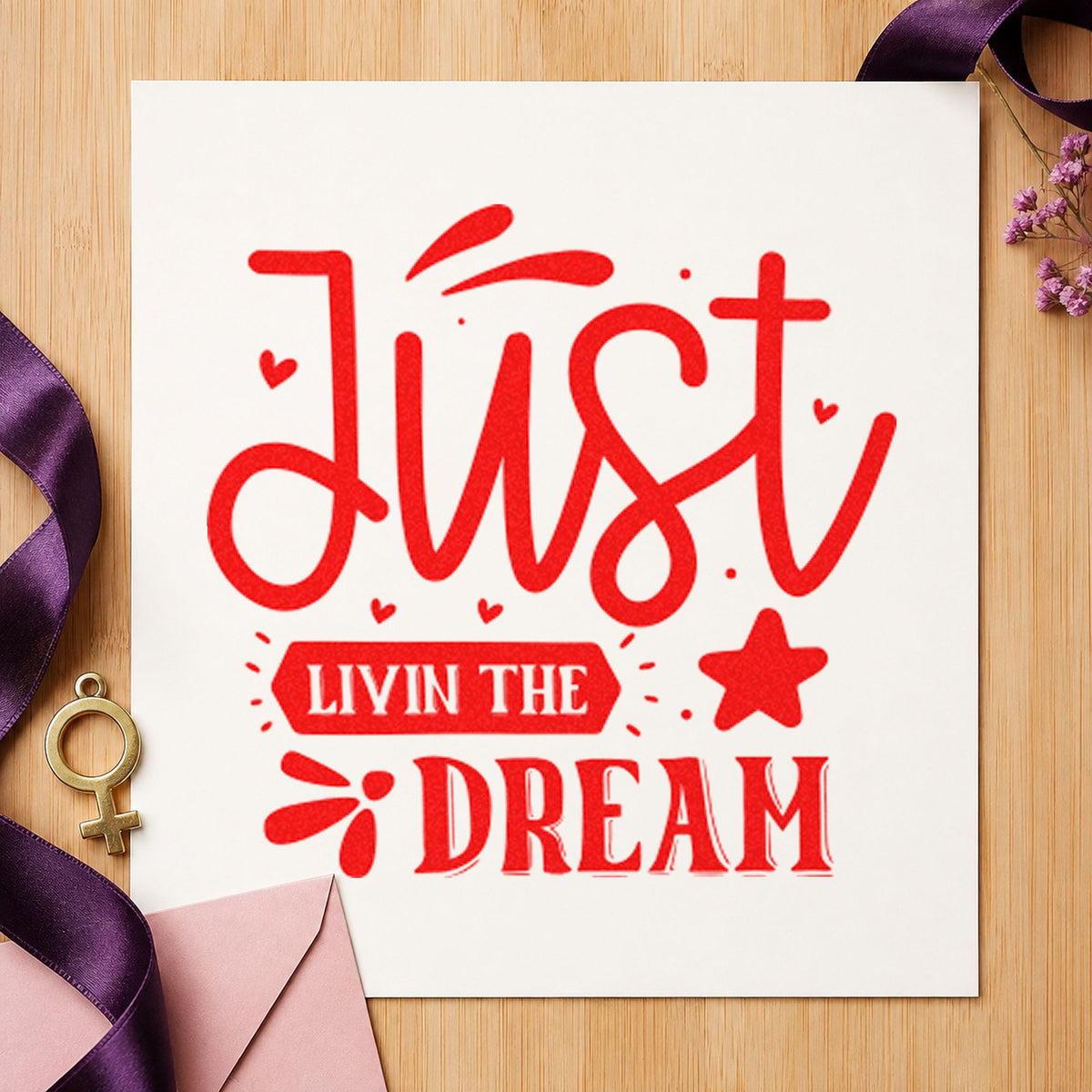 Just Livin The Dream Star craft stamp imprint in red ink on a handmade project, one idea being safety brief cards.