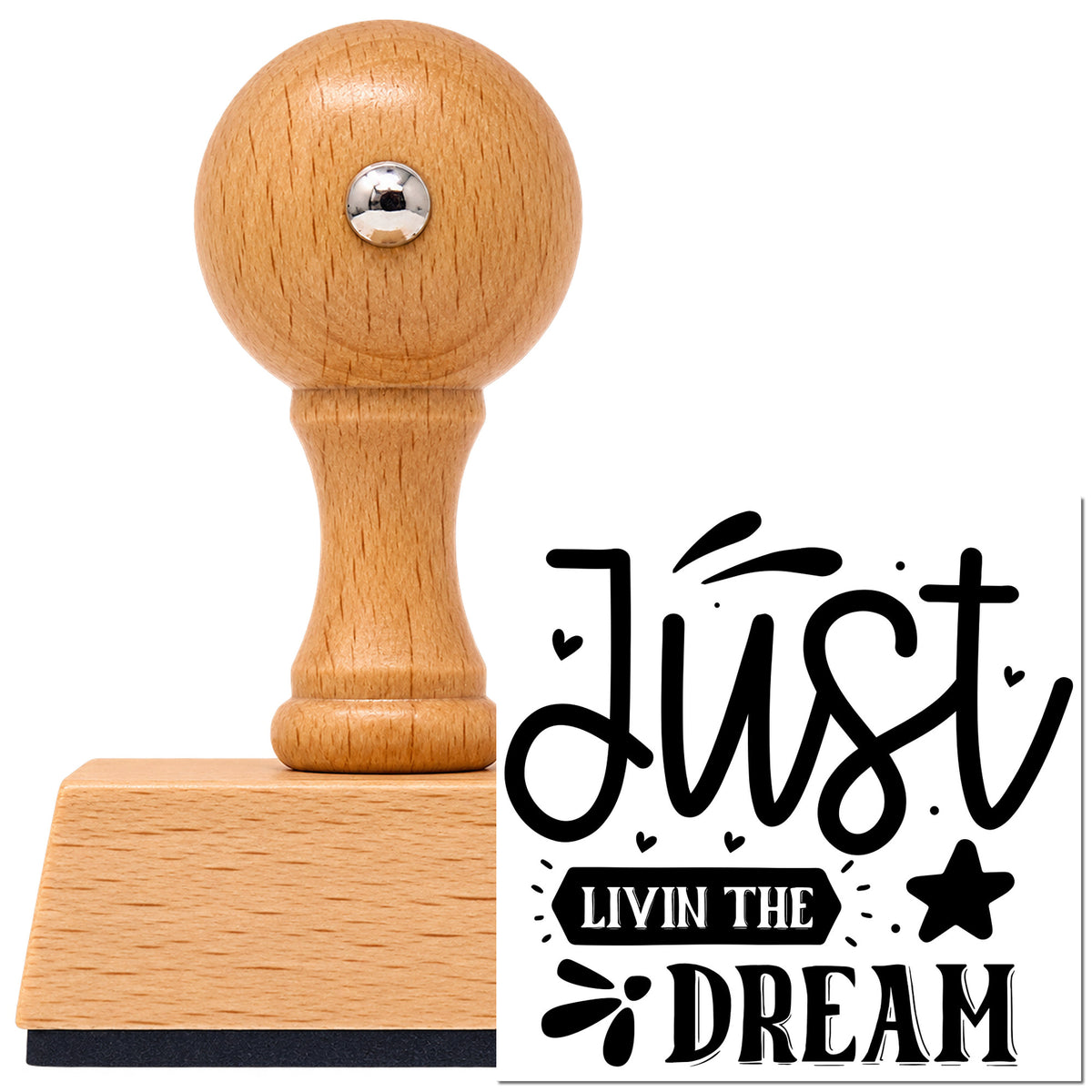 Vintage Pro beech wood stamp with a round knob handle, shown with its black Just Livin The Dream Star imprint on white.