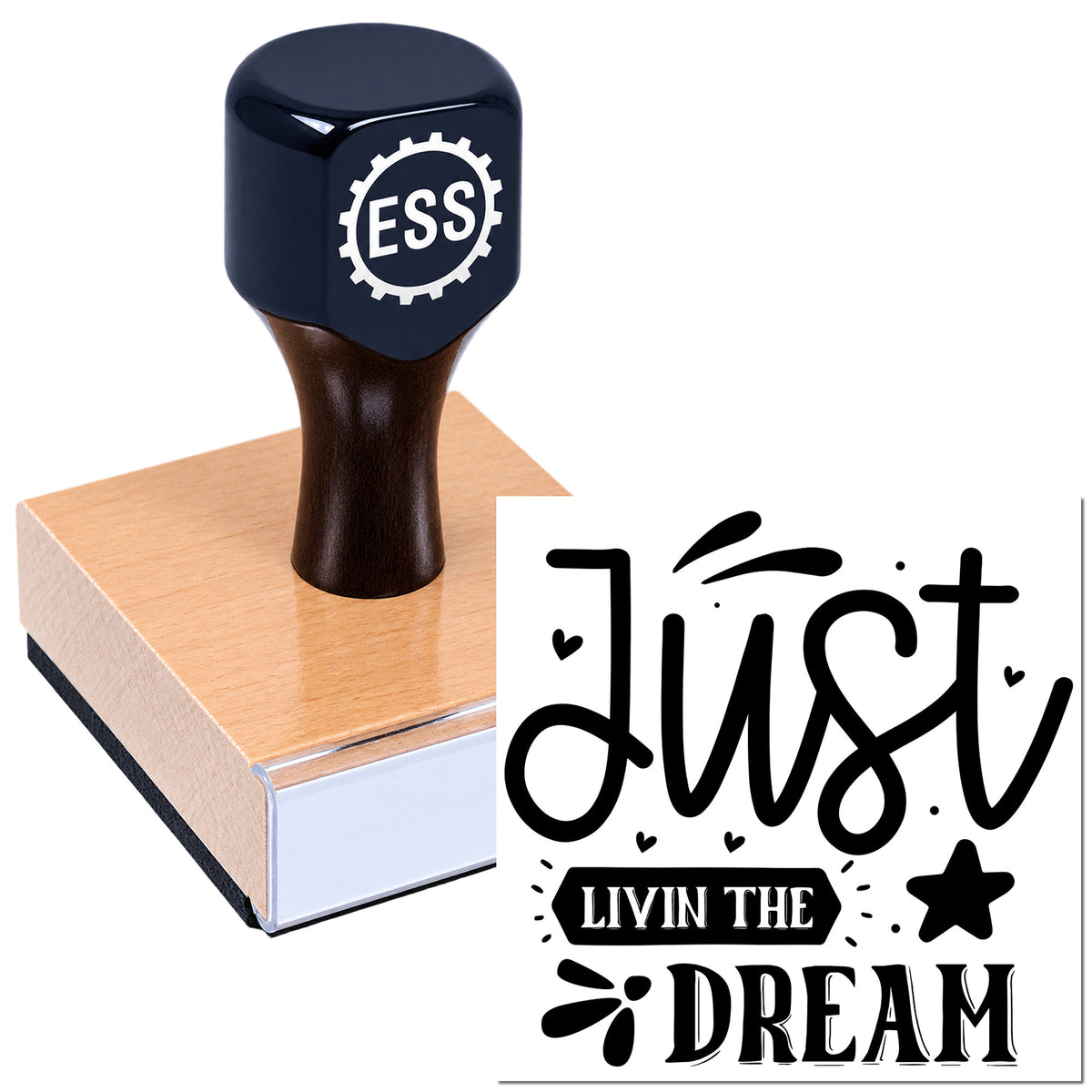 Navy ESS custom stamp on a wooden seal block with black "Just Living the Dream" design.