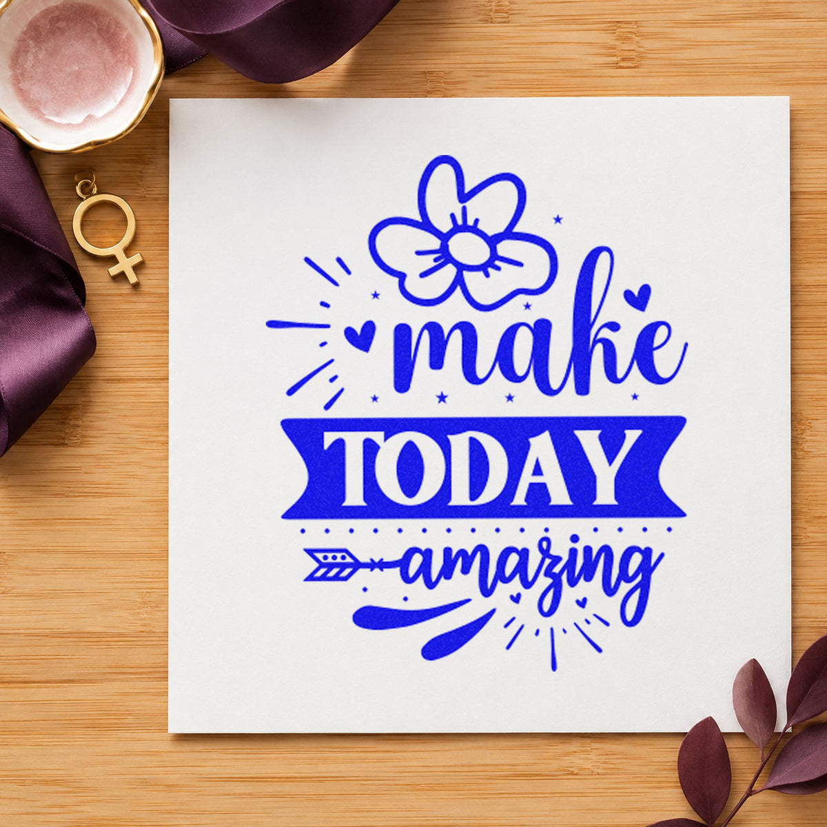 Make Today Amazing Flower craft stamp in blue ink on cardstock, an easy option for tote panel printing.