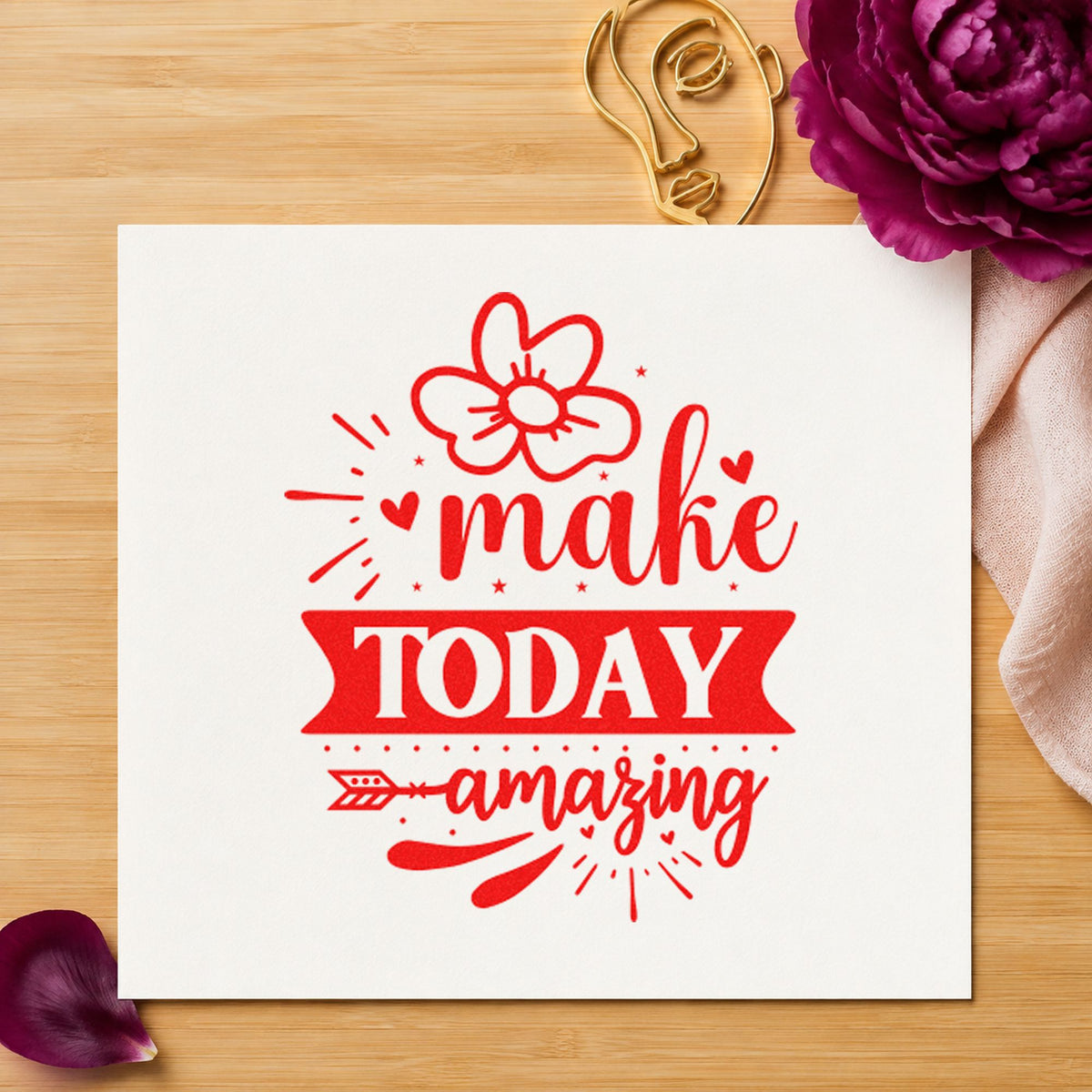 Make Today Amazing Flower craft stamp imprint in red ink on a handmade project, one idea being listener note cards.
