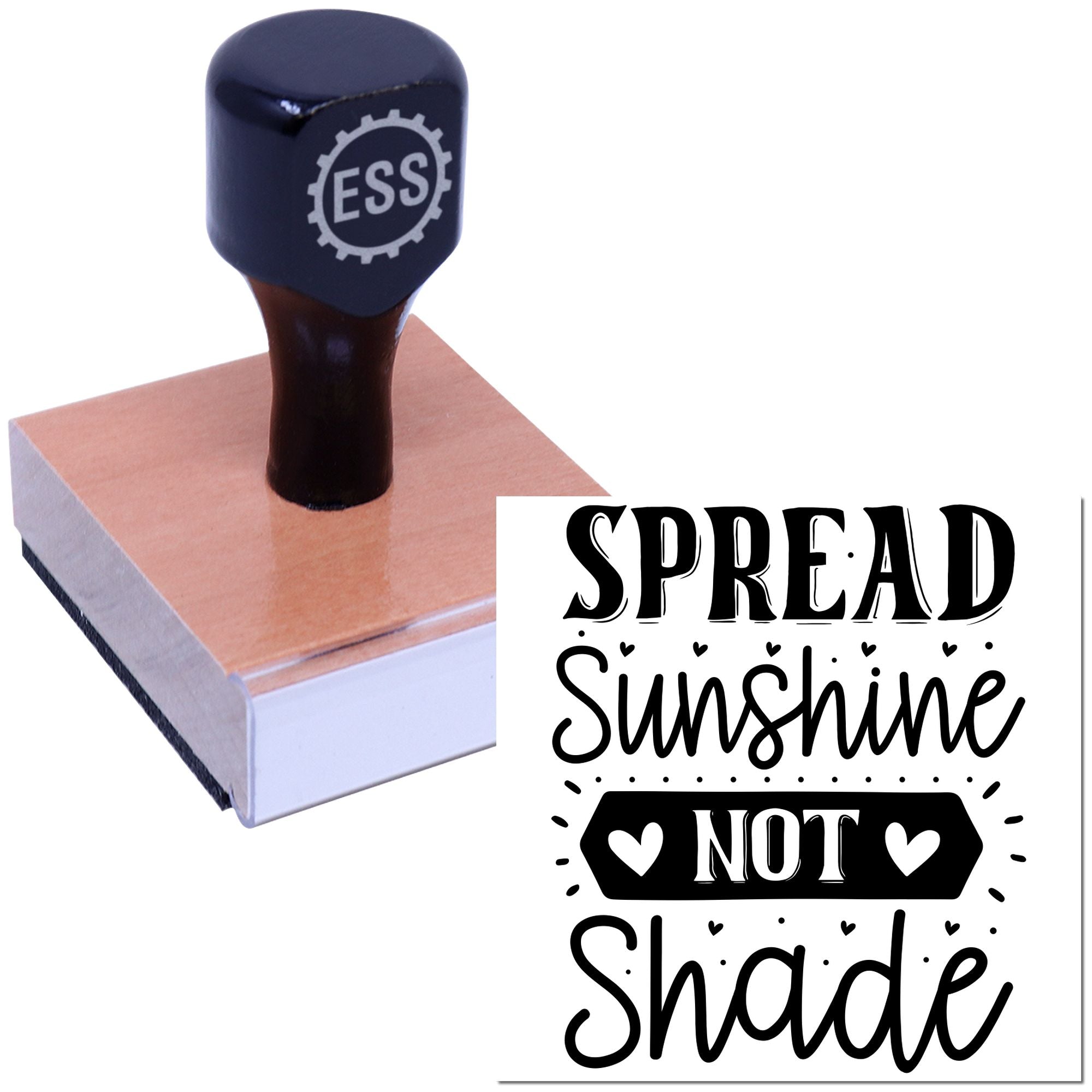 Navy ESS rubber stamp on a copper seal block with black-and-white Spread Sunshine Not Shade design.