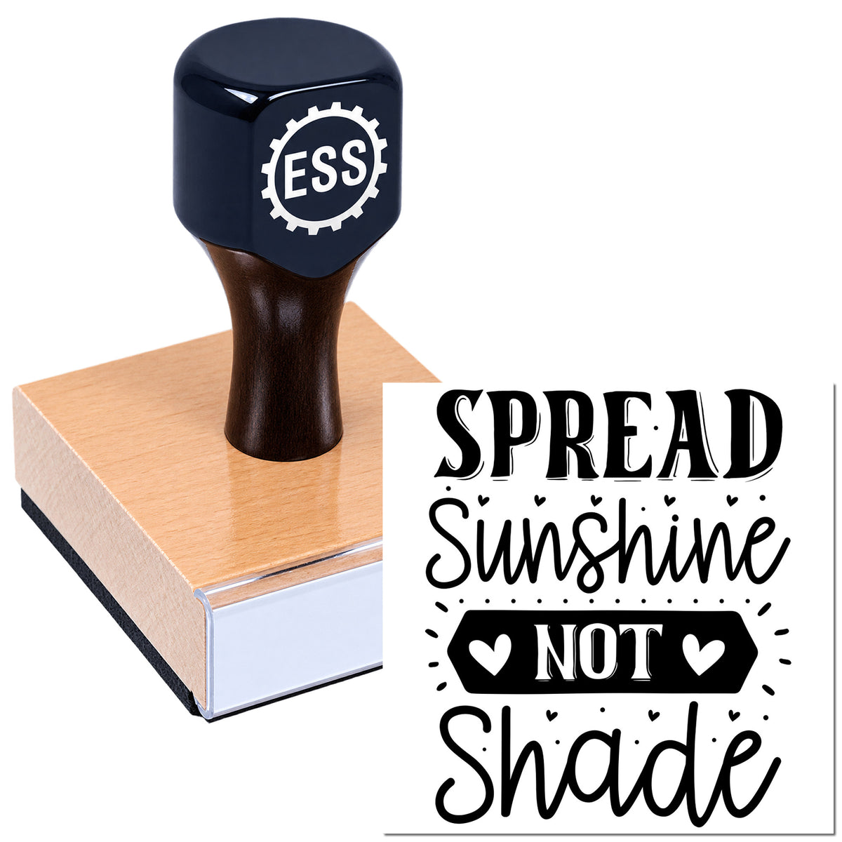 Navy ESS rubber stamp on a copper seal block with black-and-white "Spread Sunshine Not Shade" design.