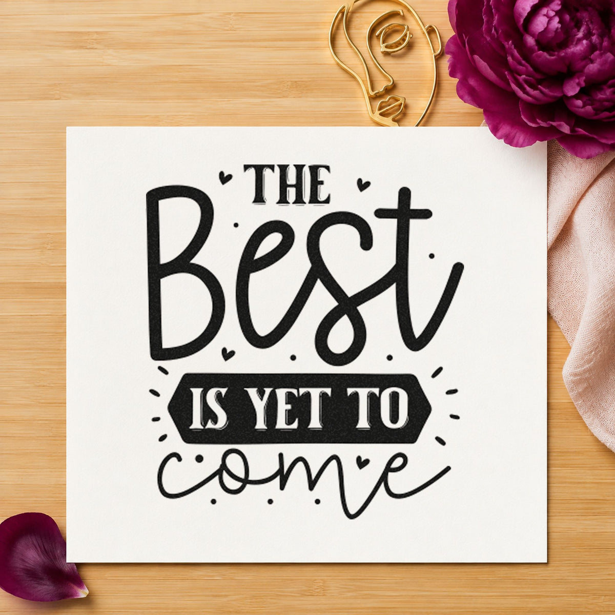 Best Is Yet To Come craft stamp imprint in black ink on a handmade project, one idea being favor jar gift tags.