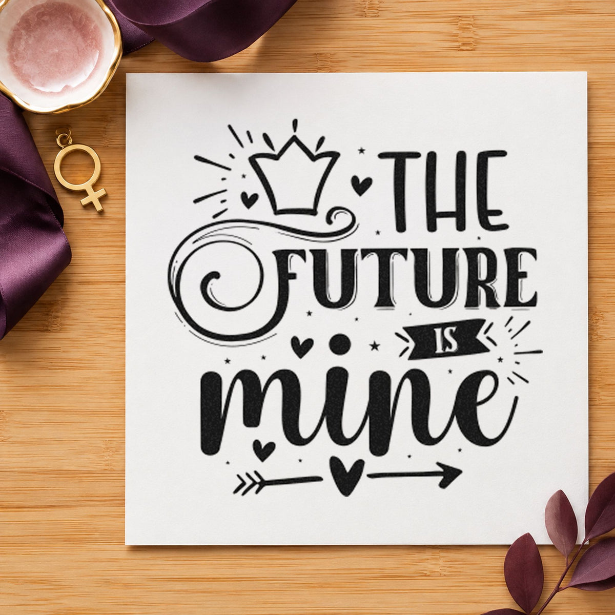 The Future Is Mine Crown craft stamp imprint in black ink on a handmade project, one idea being button pack gift tags.