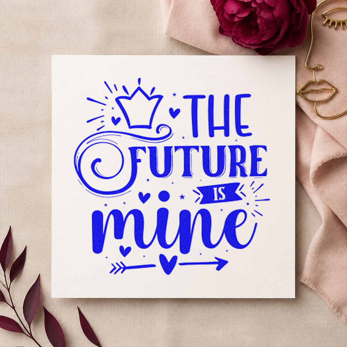 The Future Is Mine Crown craft stamp in blue ink on cardstock, an easy option for sash panel printing.