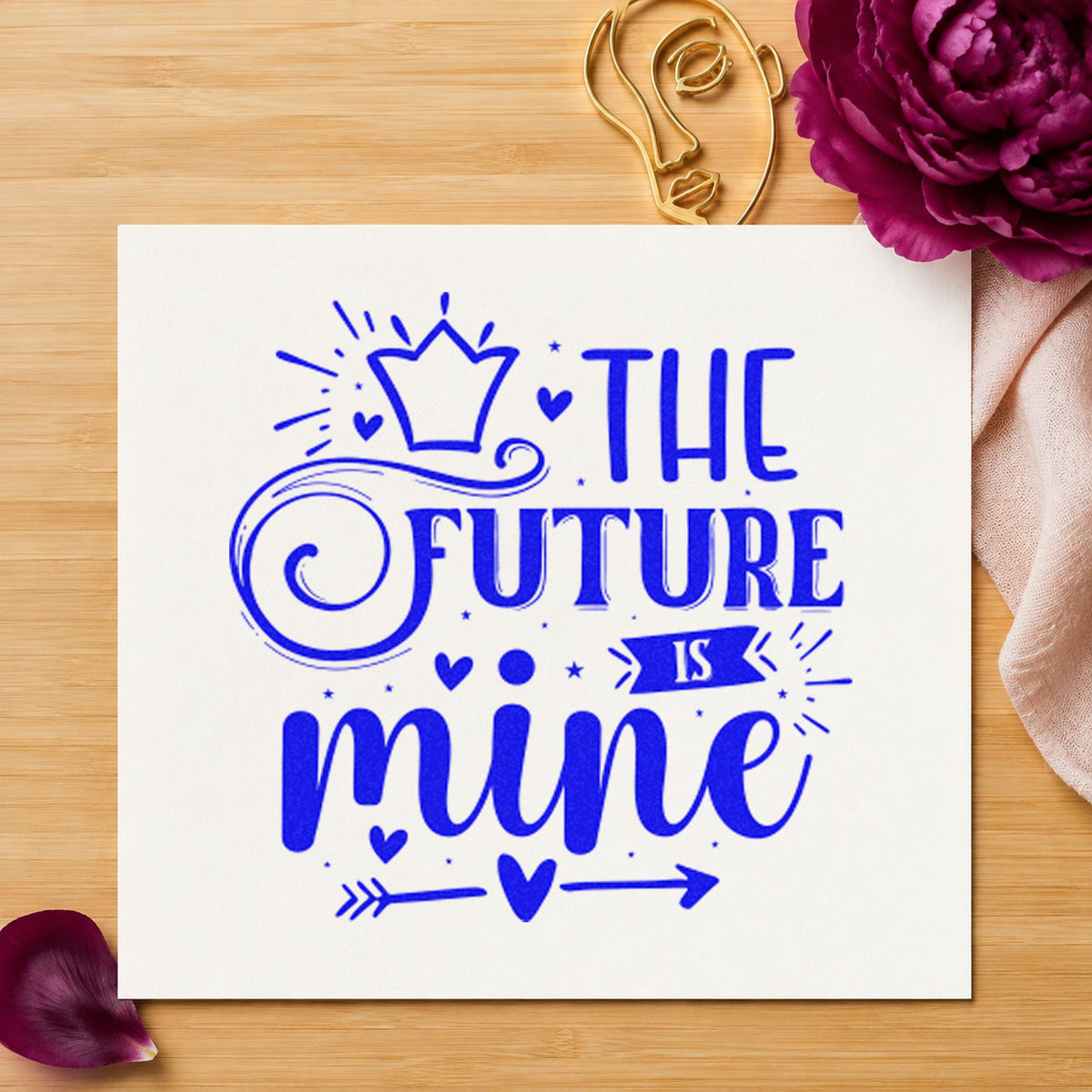 The Future Is Mine Crown craft stamp imprinted in blue ink on paper, a design suited to framed hall board.