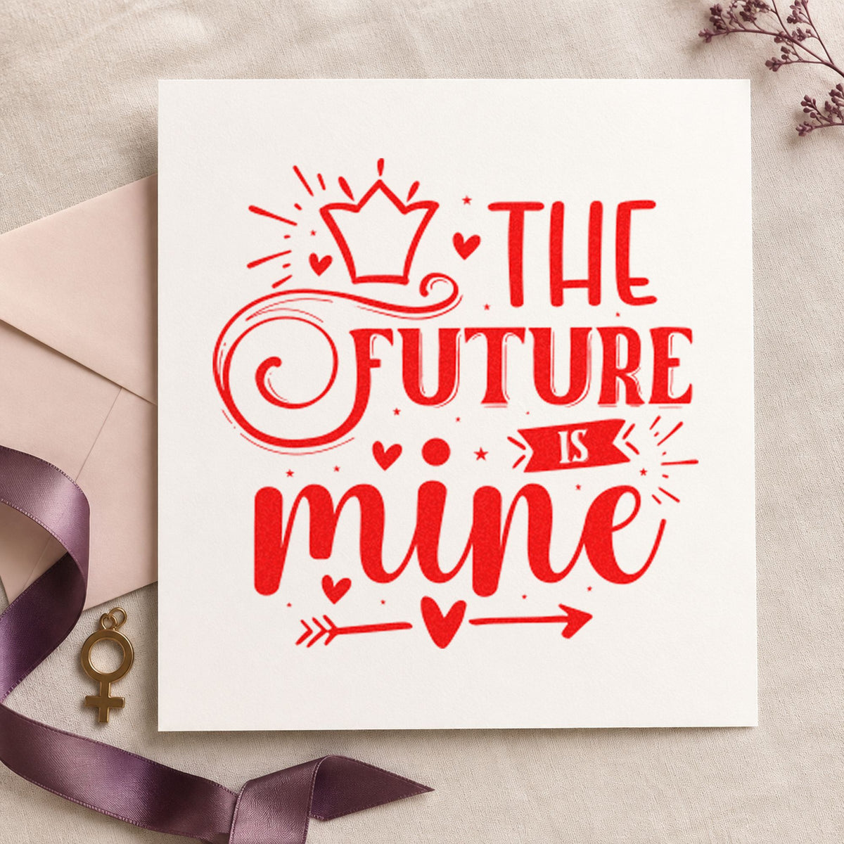 The Future Is Mine Crown rubber stamp shown in red ink, stamped for projects such as bin poster labels.
