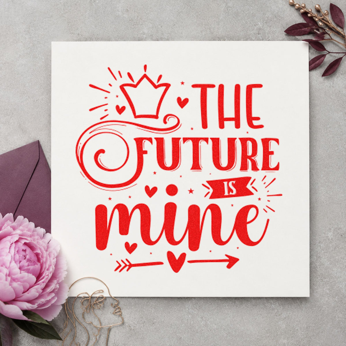 The Future Is Mine Crown craft stamp imprint in red ink on a handmade project, one idea being speech note cards.