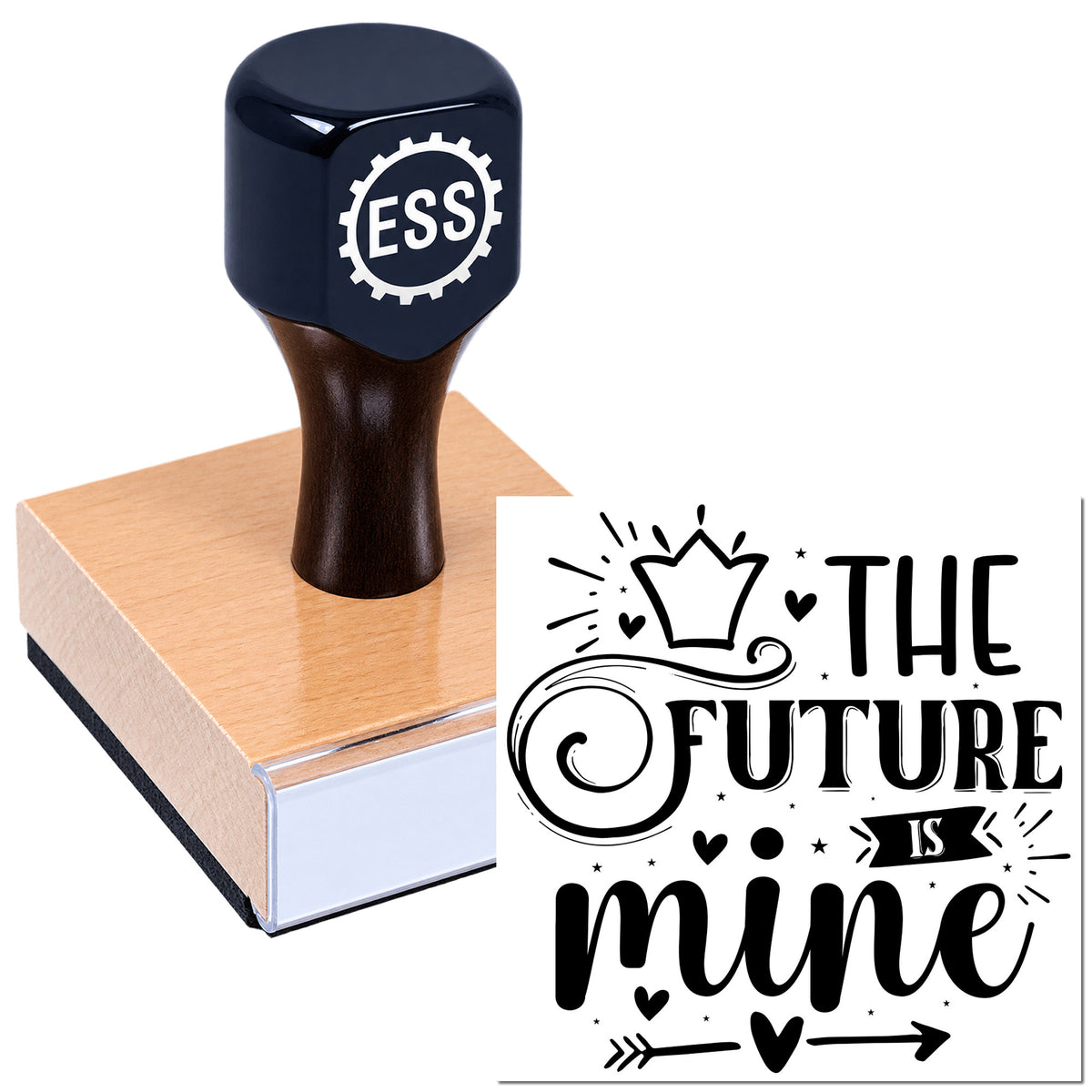 Dark blue ESSI rubber stamp on copper-colored mount beside black "The future is mine" seal graphic.