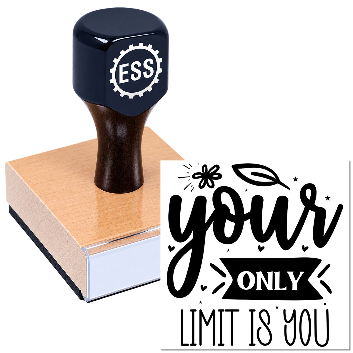 Custom rubber stamp and seal with navy handle, wooden base, and black "your only limit is you" design with hearts and stars.