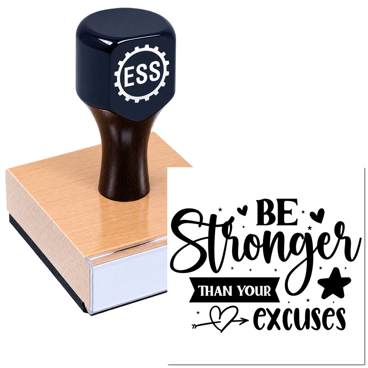 Dark navy custom stamp with ESS gear logo on a pink seal block, alongside black "Be Stronger Than Your Excuses" seal design.