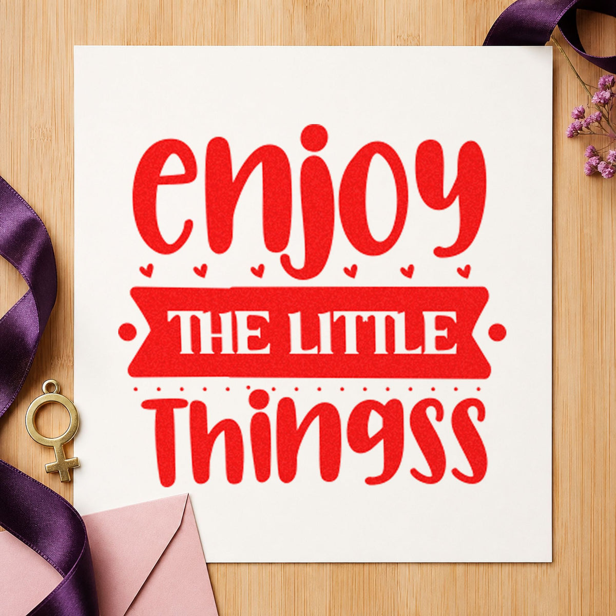 Enjoy The Little Things Bold craft stamp imprint in red ink on a handmade project, one idea being trade note cards.