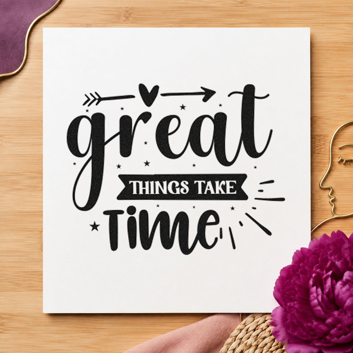 Great Things Take Time Arrow craft stamp in black ink on cardstock, an easy option for boat build album page.