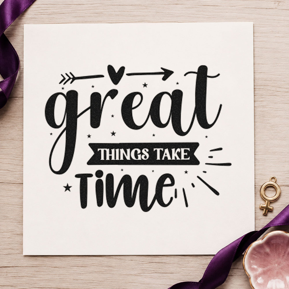 Great Things Take Time Arrow craft stamp imprint in black ink on a handmade project, one idea being plank gift tags.