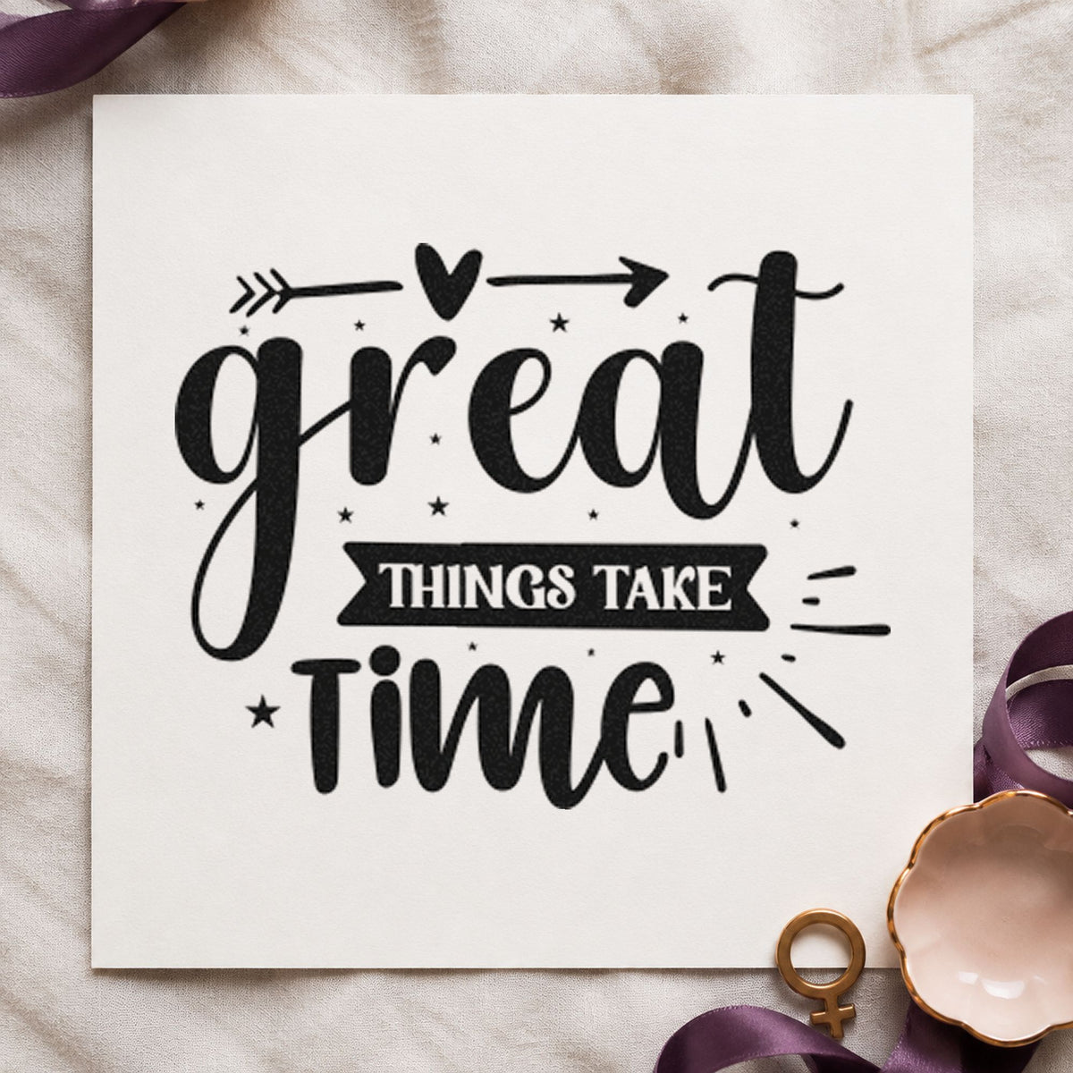 Great Things Take Time Arrow rubber stamp printed in black ink, ready for build hour sheet and similar paper crafts.