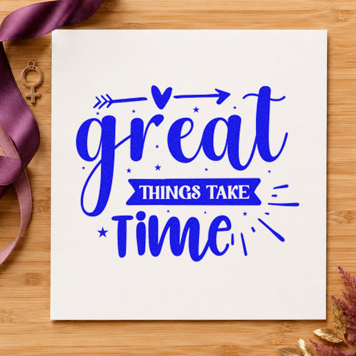 Great Things Take Time Arrow craft stamp imprinted in blue ink on paper, a design suited to framed boat shed.