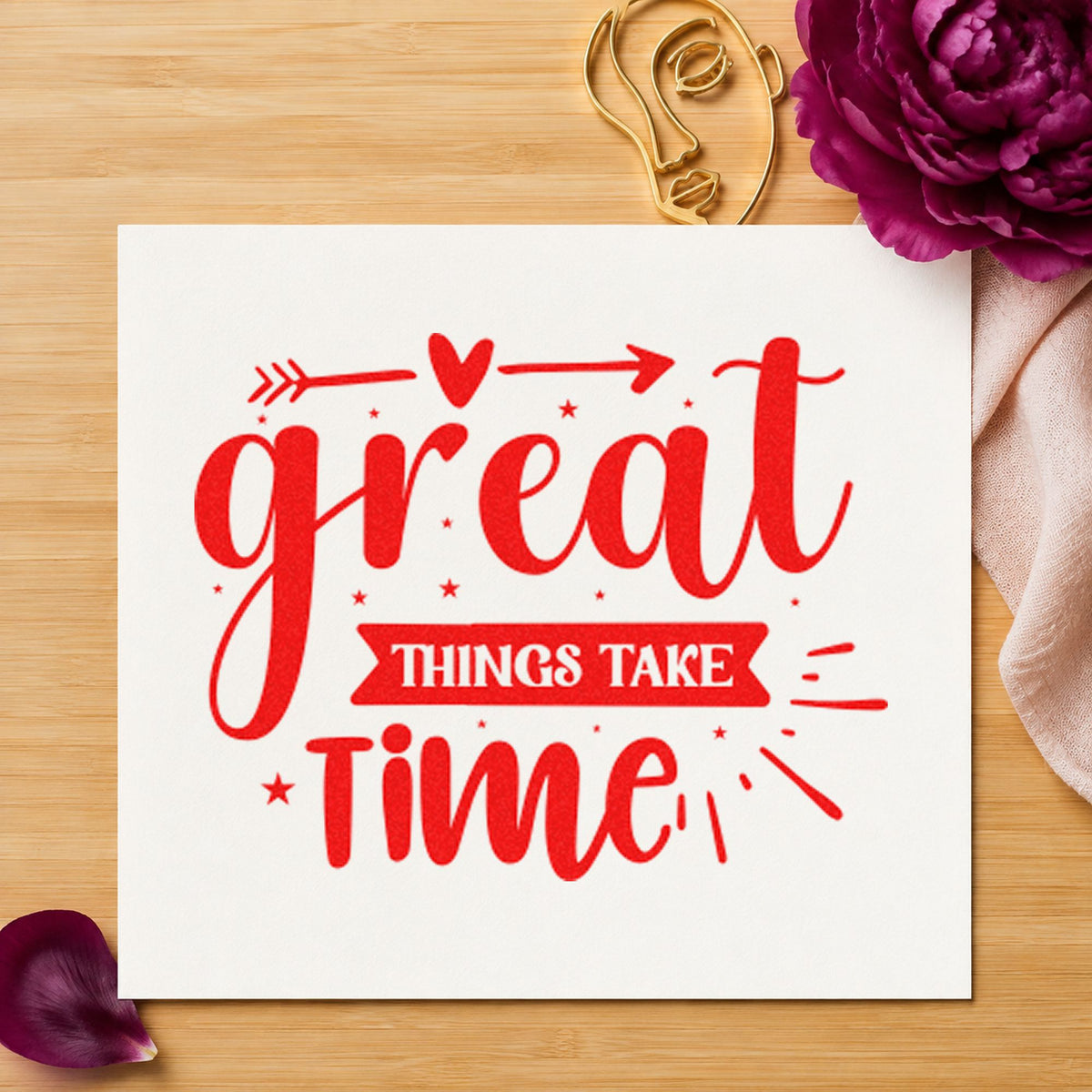 Great Things Take Time Arrow craft stamp imprint in red ink on a handmade project, one idea being stage log cards.