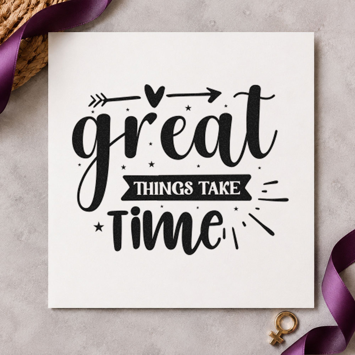 Great Things Take Time Arrow rubber stamp printed in black ink, ready for heart arrow cards and similar paper crafts.