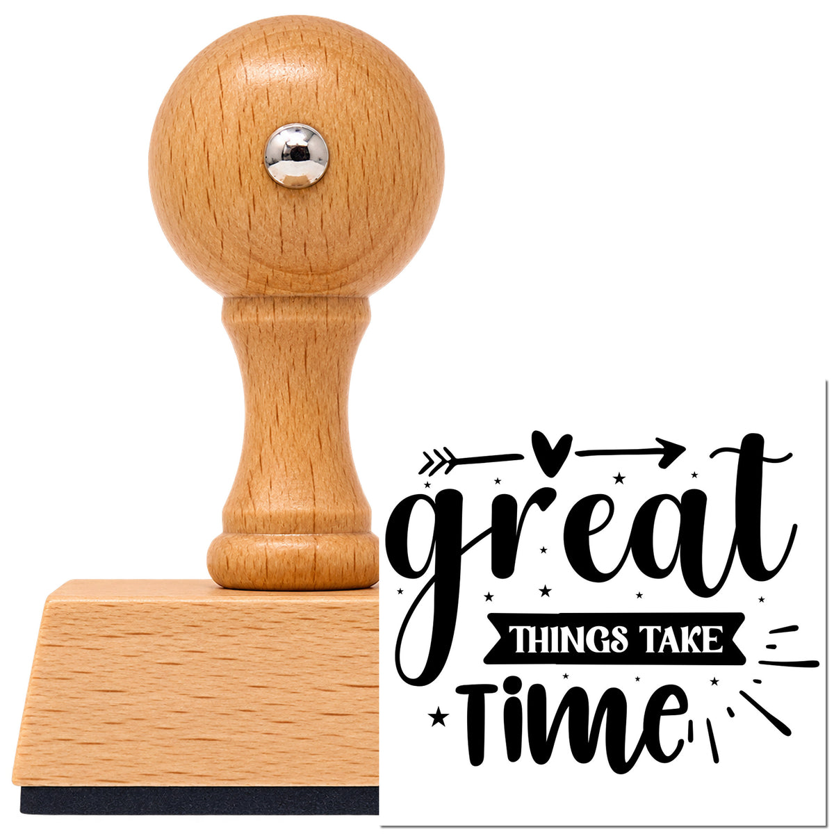 Vintage Pro beech wood stamp with a round knob handle, shown with its black Great Things Take Time Arrow imprint on white.