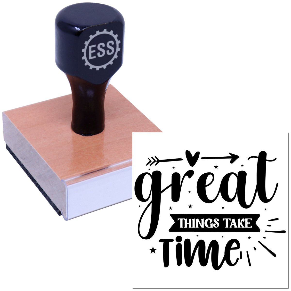 Blue ESS rubber stamp on wood block with black "great things take time" seal design and stars