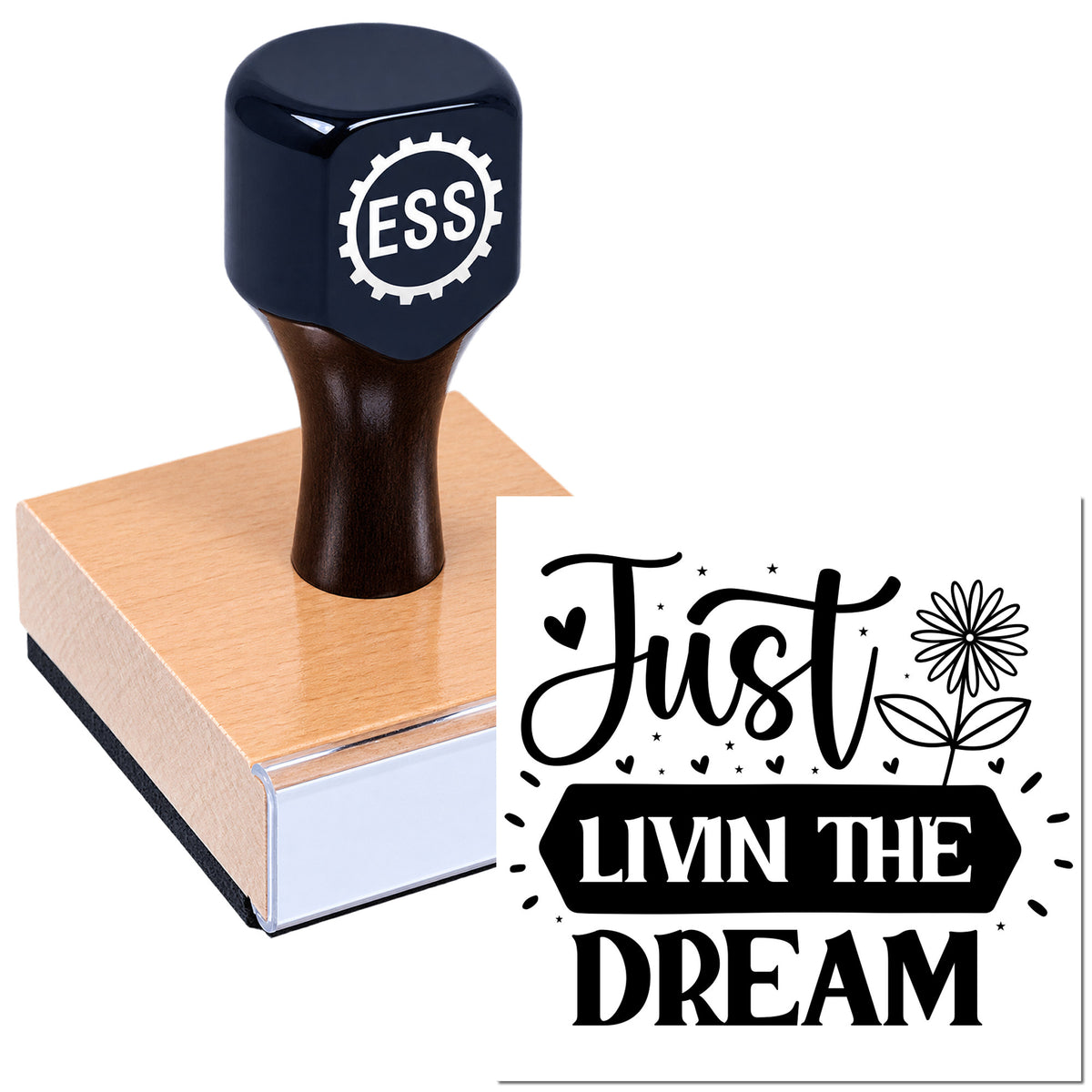 Black custom stamp and seal with ESS logo on pink base, showing bold "Just Livin the Dream" floral design.