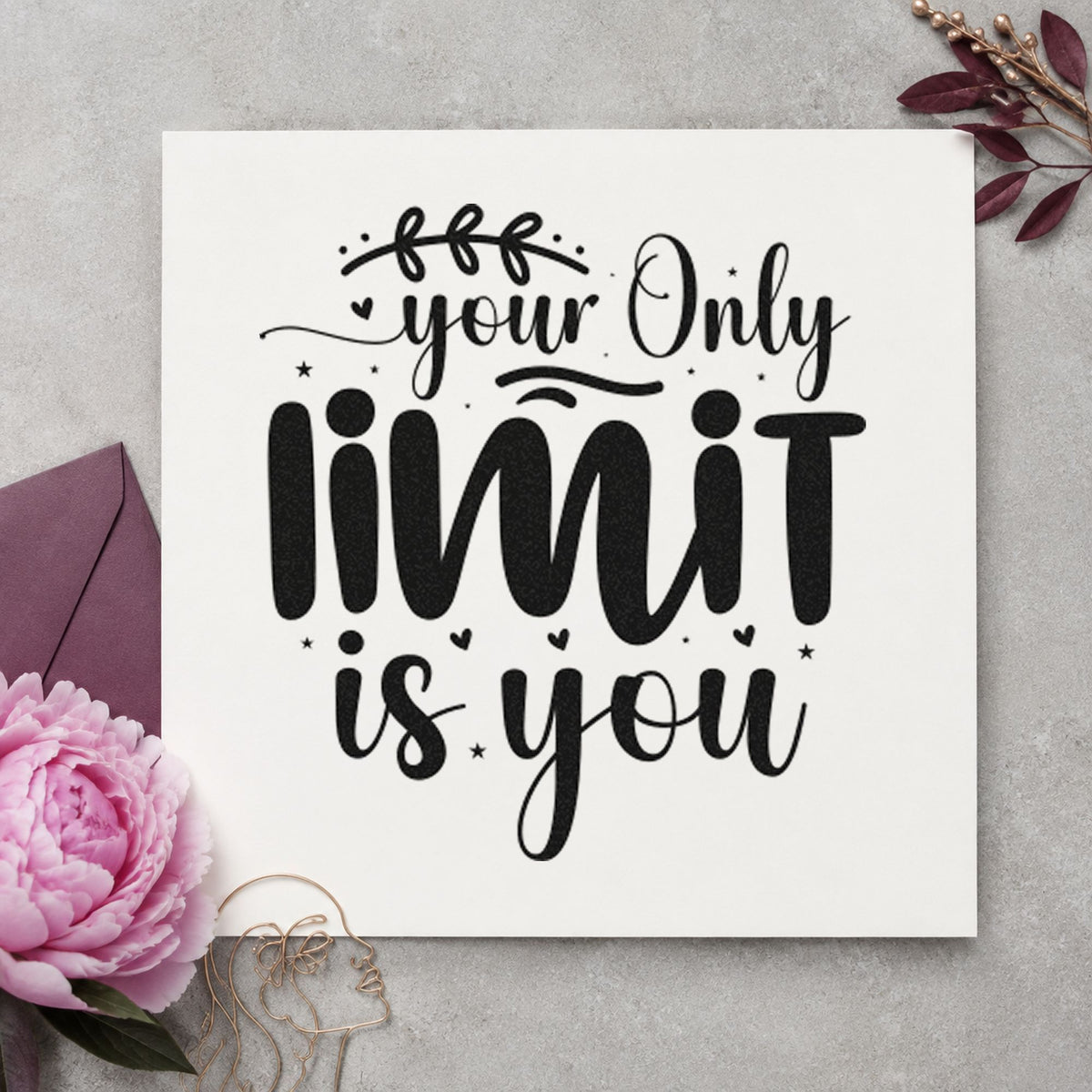 Your Only Limit Is You Leaves craft stamp imprint in black ink on a handmade project, one idea being grip tape gift tags.