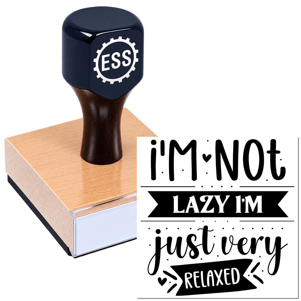 Navy ESS rubber stamp pressing a pink wax seal beside a black-and-white seal design reading "I'm not lazy, I'm just very relaxed"