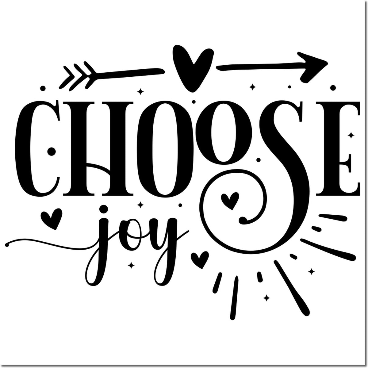 Black decorative rubber stamp design reading Choose Joy with hearts, arrows, and sparkles on a white background.