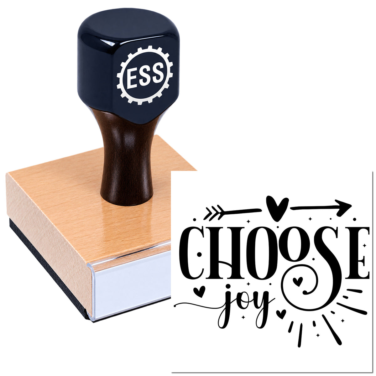 Dark navy ESS wax seal stamp with copper base, featuring "Choose joy" script and heart accents.