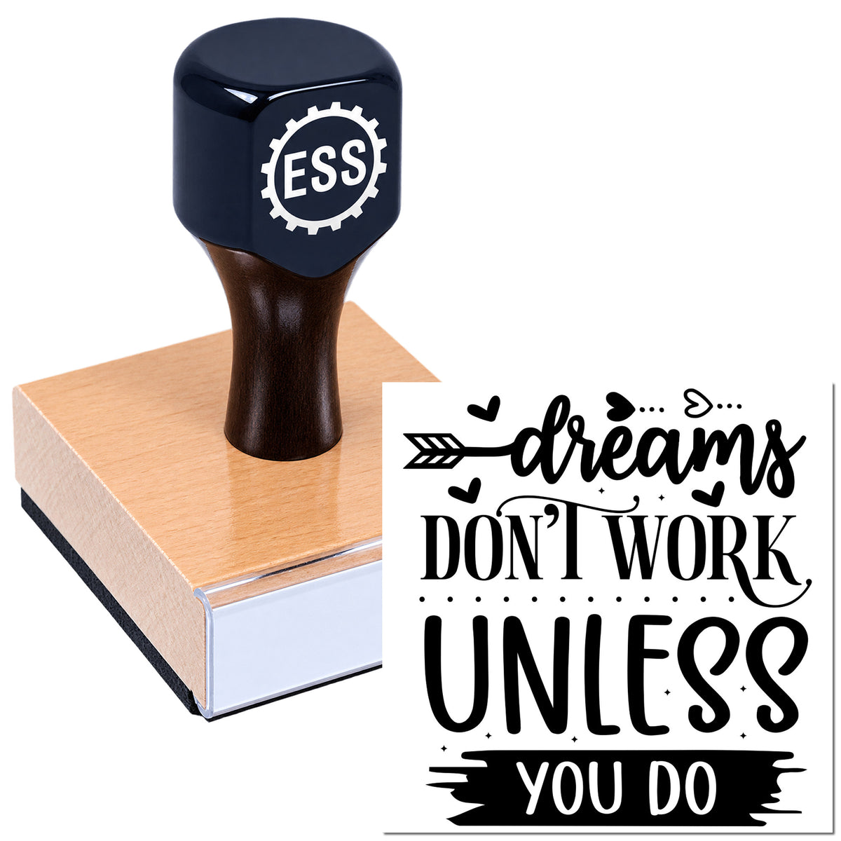 Black custom seal stamp on copper block with "dreams don't work unless you do" design in black script