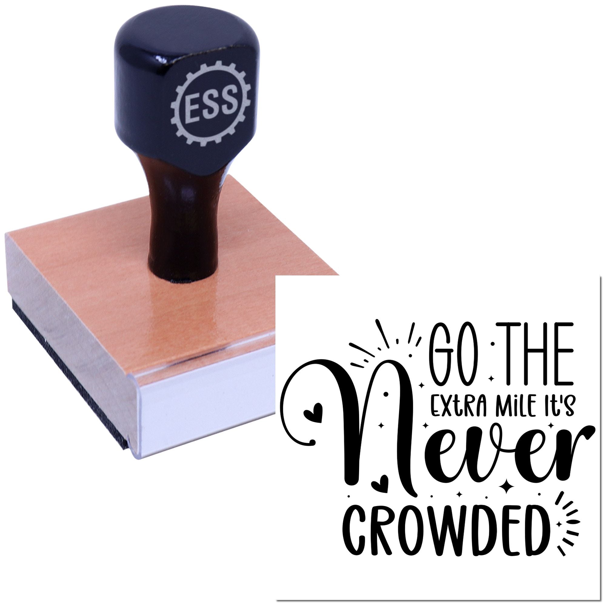 Black ESS stamp seal on a copper-colored block, with Go the extra mile, its never crowded design.