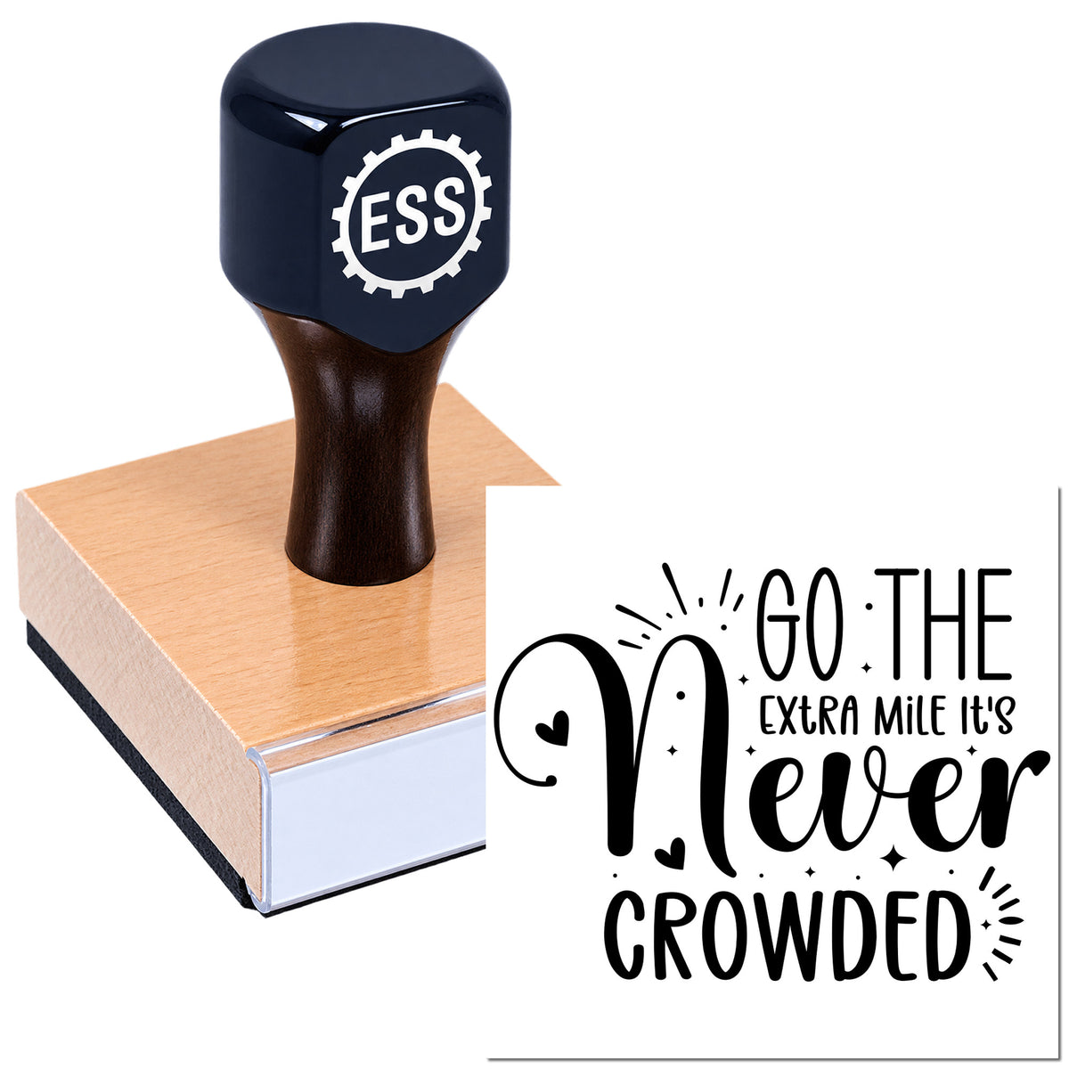 Black ESS stamp seal on a copper-colored block, with "Go the extra mile, it's never crowded" design.